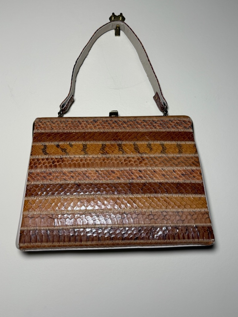Vintage Snakeskin Handbag Brown Patchwork Clutch Top Handle Frame Bag